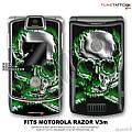 Motorola Razor (Razr) V3m Skin Chrome Skull On Fire Green WraptorSkinz Kit by TuneTattooz