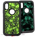 2x Decal style Skin Wrap Set compatible with Otterbox Defender iPhone X and Xs Case - Scattered Skulls Neon Green (CASE NOT INCLUDED)