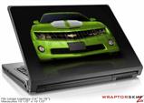 Large Laptop Skin 2010 Chevy Camaro Green - White Stripes on Black