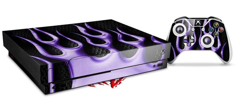 XBOX One X Console Controller Bundle Skins Metal Flames Purple