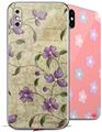 2 Decal style Skin Wraps set compatible with Apple iPhone X and XS Flowers and Berries Purple
