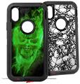 2x Decal style Skin Wrap Set compatible with Otterbox Defender iPhone X and Xs Case - Flaming Fire Skull Green (CASE NOT INCLUDED)