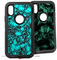 2x Decal style Skin Wrap Set compatible with Otterbox Defender iPhone X and Xs Case - Scattered Skulls Neon Teal (CASE NOT INCLUDED)