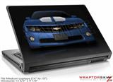 Medium Laptop Skin 2010 Chevy Camaro Aqua - White Stripes on Black