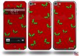 Christmas Holly Leaves on Red Decal Style Vinyl Skin - fits Apple iPod Touch 5G (IPOD NOT INCLUDED)